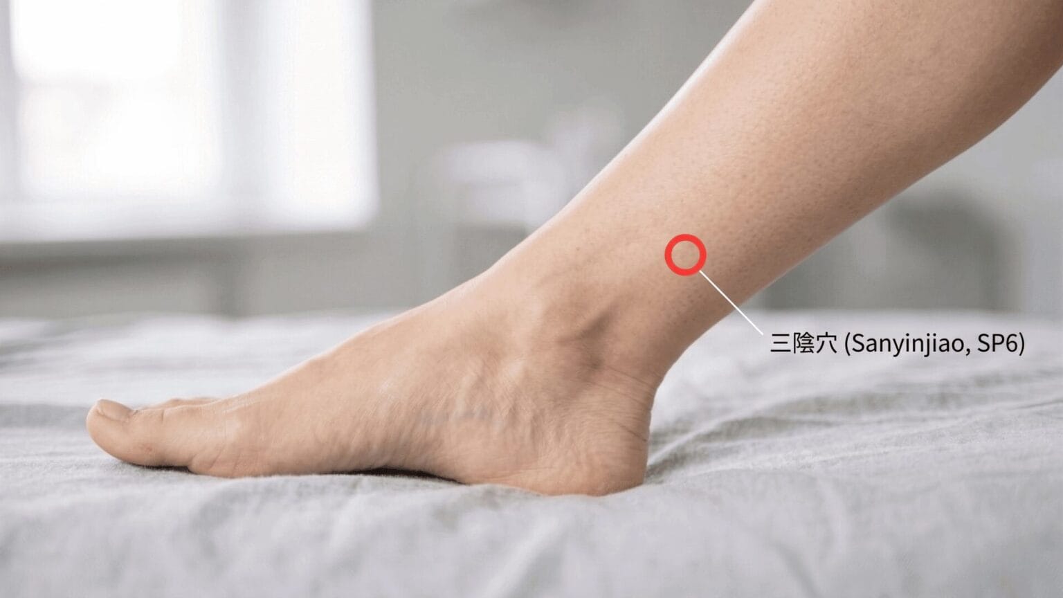 示意:三陰交穴大致位置,內踝上方小腿內側