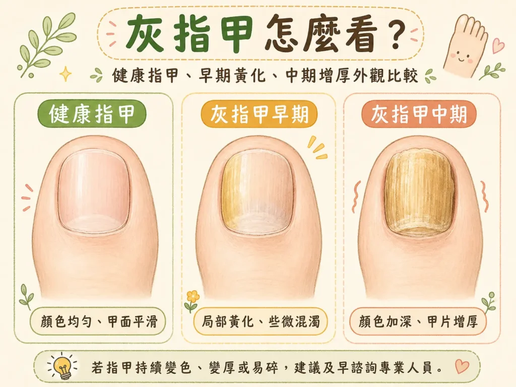 灰指甲從健康到中期的外觀變化三階段示意圖