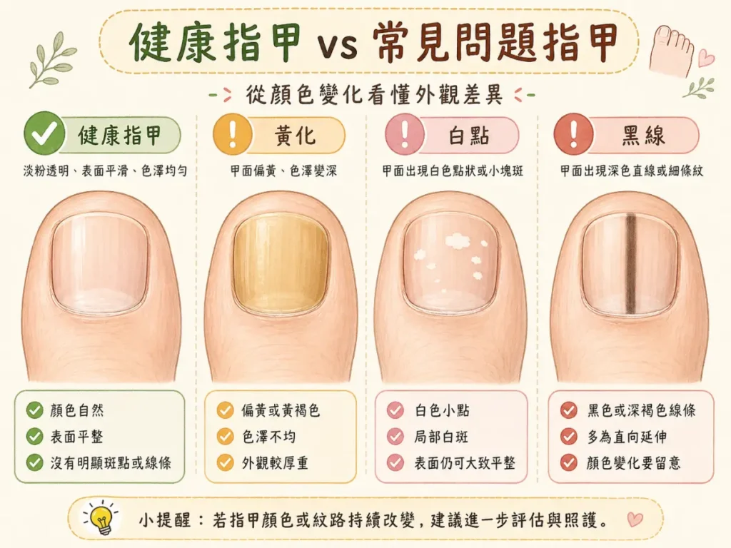 問題指甲辨識：指甲顏色變化對照圖，包含黃甲、白點、黑線與健康指甲比較