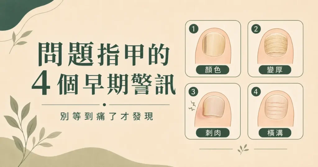 問題指甲辨識：4 個早期警訊圖解，包含顏色改變、甲片增厚、甲緣刺肉與橫向凹溝