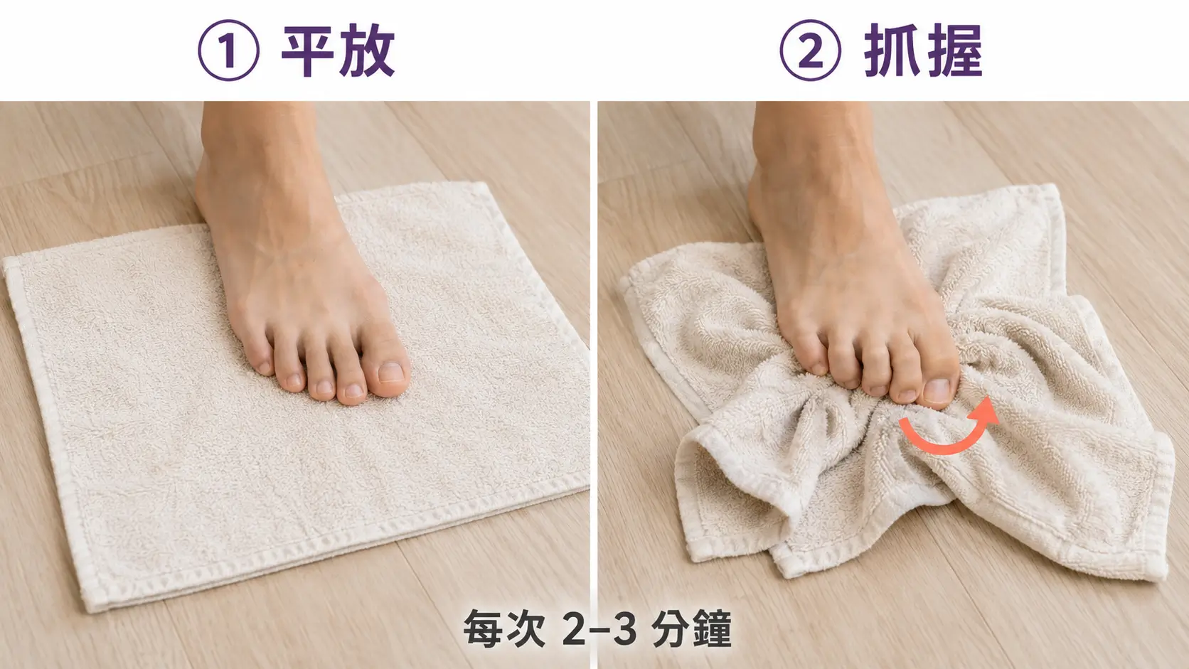 腳趾抓毛巾足底強化練習示意