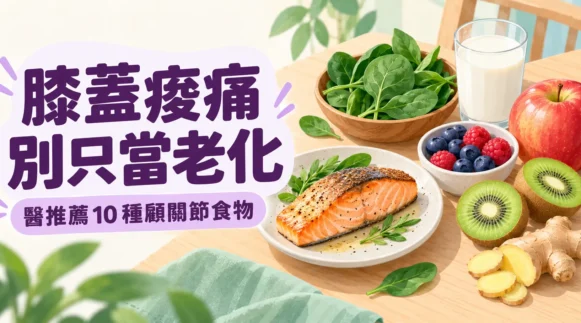 木質餐桌上擺著鮭魚、菠菜、莓果、蘋果、奇異果、生薑與鮮乳，搭配標題「膝蓋痠痛別只當老化」，呈現醫師推薦的顧關節食物。